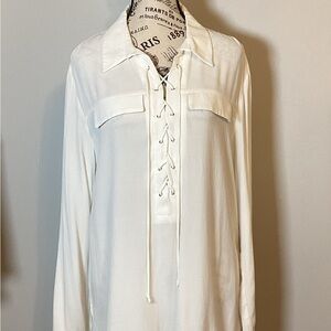 SILKY IVORY LONG SLEEVE TIE FRONT TOP SEMI SHEER 6” SLITS ON SIDES LULUS Sz. XL